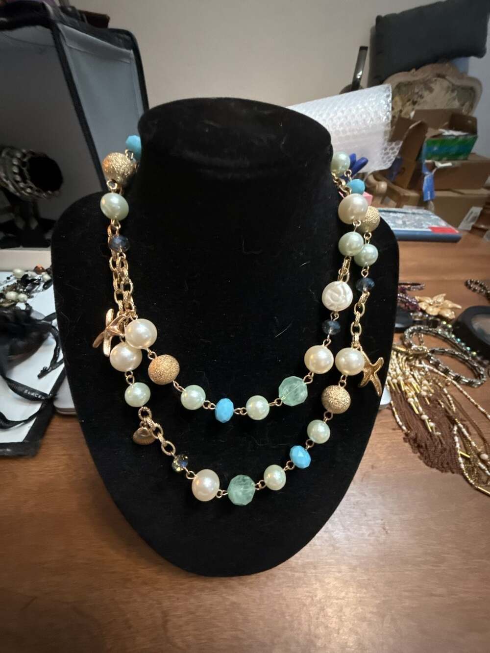 RJM Gold-Tone Beaded Multi-Strand Necklace with Faux Pearls and Beach Charms